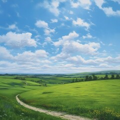 Fototapeta na wymiar Green Fields, Rolling Hills, Spring Landscape under Blue Sky. AI Generative
