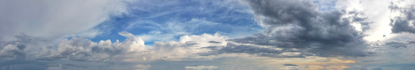 Panoramic view showcased a mesmerizing scene of beautiful clouds gracefully adorning the expansive blue sky, creating a captivating tapestry of contrasting colors and shapes.