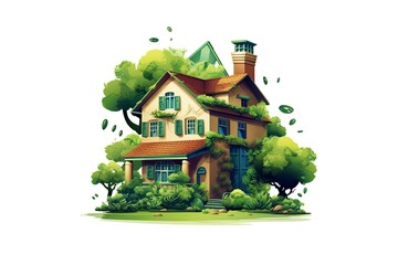 A house with lawn on white background. AI Generative