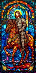 Obraz premium A Knight in Shining Armor. An Illustration of a Mythical Ancient Paladin in Stained Glass Renaissance Fresco Style. AI Generative