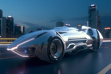 23rd Century Futuristic Truck with Hyper Modern Drive, Wide Angle Lens, and Futuristic Skyscraper in the Background. AI Generative