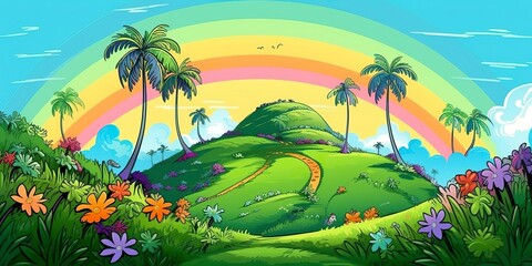 Fototapeta na wymiar A Cartoon Children Page with a Rainbow and Palm Trees. A Fun and Educational Adventure. AI Generative