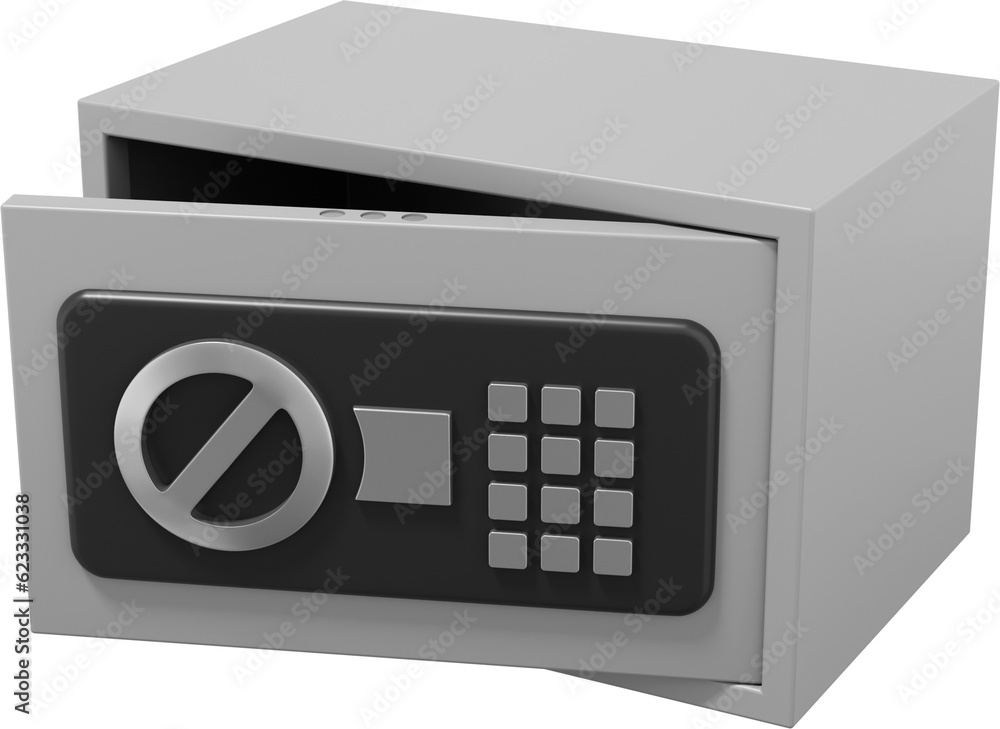 Poster modern safe with code lock. gray open storage. png icon on transparent background. 3d rendering.