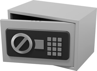 Modern safe with code lock. Gray open storage. PNG icon on transparent background. 3D rendering.