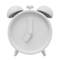 White minimal cartoon alarm clock. 3D rendering. PNG icon on transparent background.