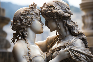 Profile of an ancient Goddesses marble statue with a lovely kiss, ancient city crystal blue light background. LGBT concept. AI Generative
