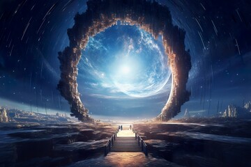 Portal to another world. Futuristic cosmic landscape with circle tunnel in starry sky. Gate in space futuristic background with galaxy and nebula. Created with Generative AI.