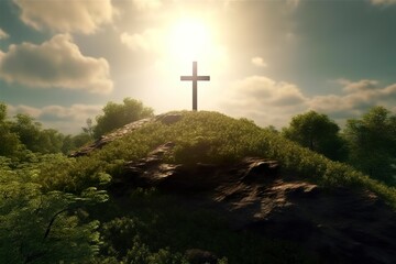 The cross of God with green Leaf, in the rays of the sun and blue sky. Cross on the hill with green trees and graeen natural view. Religious concept, AI Generative