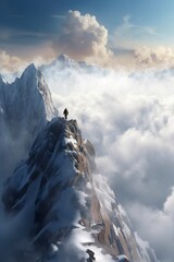 Man on top of mountain, walking through clouds, AI Generative