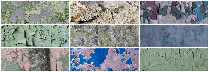 Set of peeling paint textures. Old concrete walls with cracked flaking paint. Weathered rough painted surfaces with patterns of cracks and peeling. Collection of wide panoramic backgrounds for design.