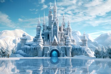 A Snowy Wonderland, A 3D Rendering of Elsa Castle in a Blue Snowy Mountain Background. AI Generative