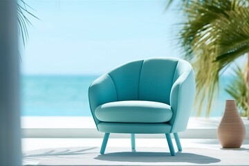 Fototapeta na wymiar Photo of a modern light blue color armchair alone in the tropical background, AI Generative
