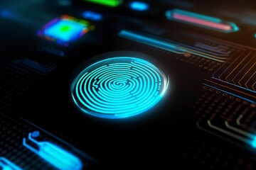 Fototapeta premium Fingerprint Authentication Button. Biometric Security. Identification and cyber security concept. Glowing neon fingerprint on dark background. AI Generative