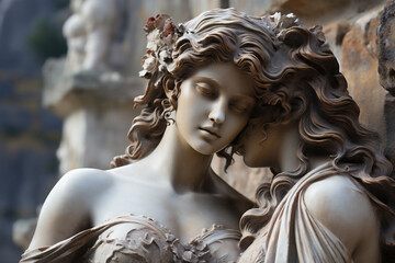 Profile of an ancient Goddesses marble statue with a lovely kiss, ancient city crystal blue light background. LGBT concept. AI Generative