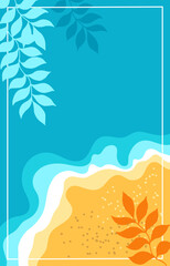 Fototapeta na wymiar Vertical abstract tropical background. Vector stylized leaves, sandy beach and sea surf