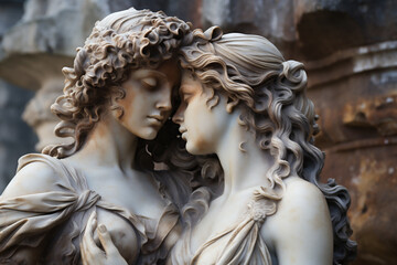 Profile of an ancient Goddesses marble statue with a lovely kiss, ancient city crystal blue light background. LGBT concept. AI Generative