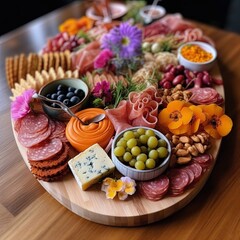wooden plate with ham, vegetable, cheese and fruits