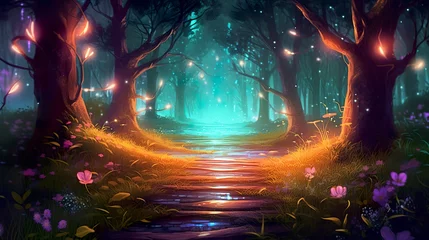 Keuken foto achterwand Sprookjesbos Fantasy fairy tale background with forest and blooming path. Fabulous fairytale outdoor garden and moonlight background. AI Generative