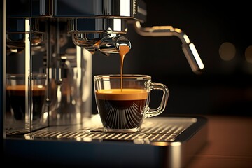 A professional coffee machine preparing an espresso coffee in a glass cup,  AI Generative