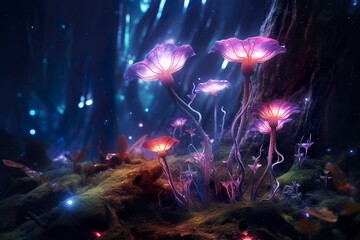 Fototapeta na wymiar A bioluminescent alien crystal forest with flowers, bioluminescent carnivorous plants, AI Generative