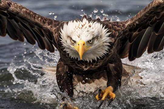 Fishing Bald Eagle, a bald eagle facing camera catches a fish out of the water, in the style of National Geographic contest winner, super telephoto close up. AI Generative