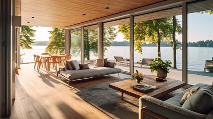Fototapeta premium Villa beautiful home design and decor concept open view cozy contemporary living room area with natural sun light warm and cozy atmosphere home showcase design background,ai generate