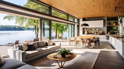 Fototapeta premium Villa beautiful home design and decor concept open view cozy contemporary living room area with natural sun light warm and cozy atmosphere home showcase design background,ai generate