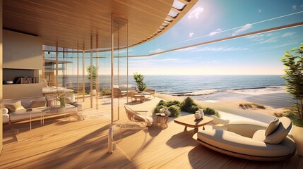 Obraz premium Villa beautiful home design and decor concept open view cozy contemporary living room area with natural sun light warm and cozy atmosphere home showcase design background,ai generate