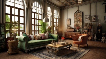 retro design fifty interion colorful scheme living room home design concept background,house beautiful ideas sofa and armchair arrange in living area with natural light,ai generate