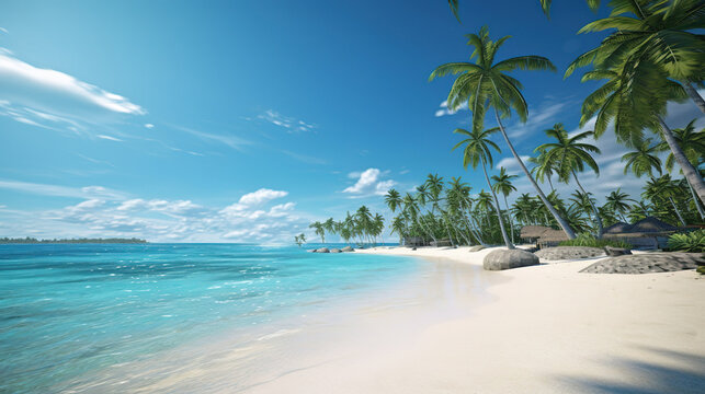 Beautiful tropical beach with coconut palm trees and blue sky. created with generative AI technology.