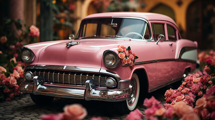Wedding pink old car with flowers. Generative Ai