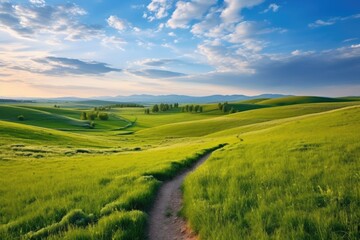 Fototapeta na wymiar Picturesque winding path through a green grass field in natural environment 