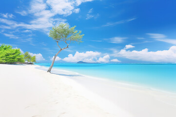 Beautiful beach and tropical sea on blue sky background. Nature composition. created with generative AI technology.