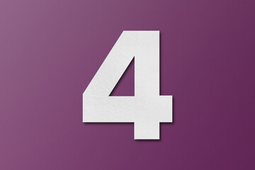 White paper type paper alphabet number 4 isolated on dark purple background.