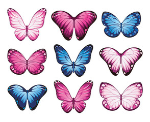 A set of butterflies on a white background.
