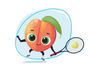 Funny peach is playing tennis. A cartoon-style fruit.
