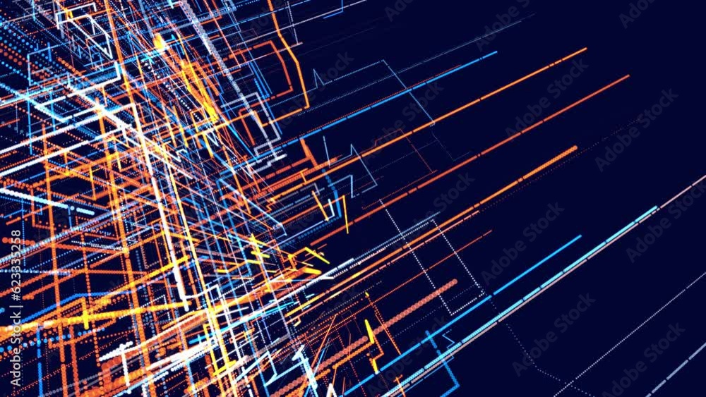Poster glow particles form lines. info concept lines and nodes, ai construction light grid. lines red blue 