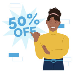 woman point out discount 50 percent in flat illustration