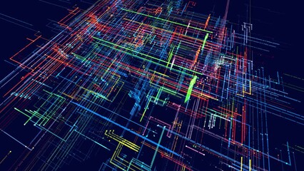 glow particles form lines. Info concept lines and nodes, ai construction light grid. Lines form hologram information blocks. Vj loop abstract sci-fi bg. Hi-tech info technology. - Powered by Adobe