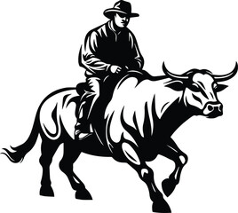 Cowboy Riding A Bull Logo Monochrome Design Style