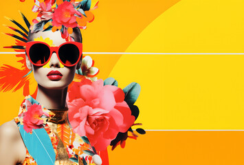 Abstract surreal collage art mood board Concept. Portrait of a woman, bright colours, retro pop art, high end fashion, flowers, floral, different modern elements and symbols   © Sandra Chia