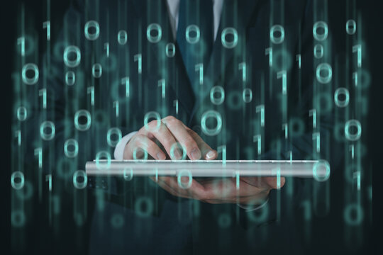 Digital technology, software development concept. Coding programmer, software engineer working on laptop  and javascript on virtual screen, internet of things IoT