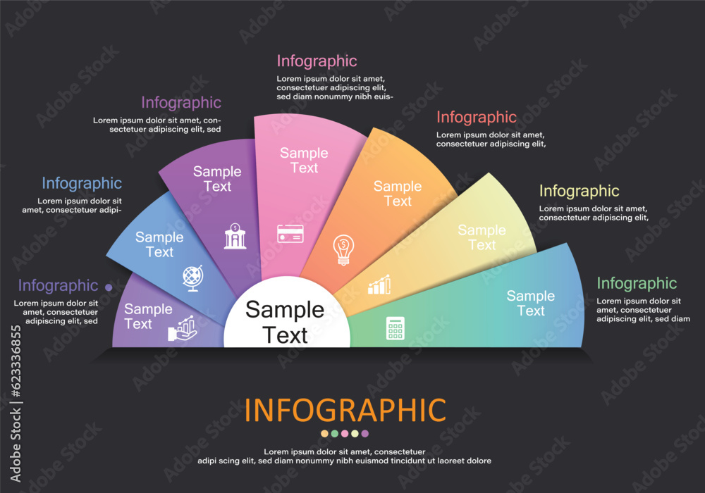 Aufkleber vector semicircle infographic with fan segments showing 7 different color levels, space for text pla