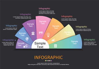 Vector semicircle infographic with fan segments showing 7 different color levels, space for text placed on dark gray background for presentation of financial education management show in modern style.