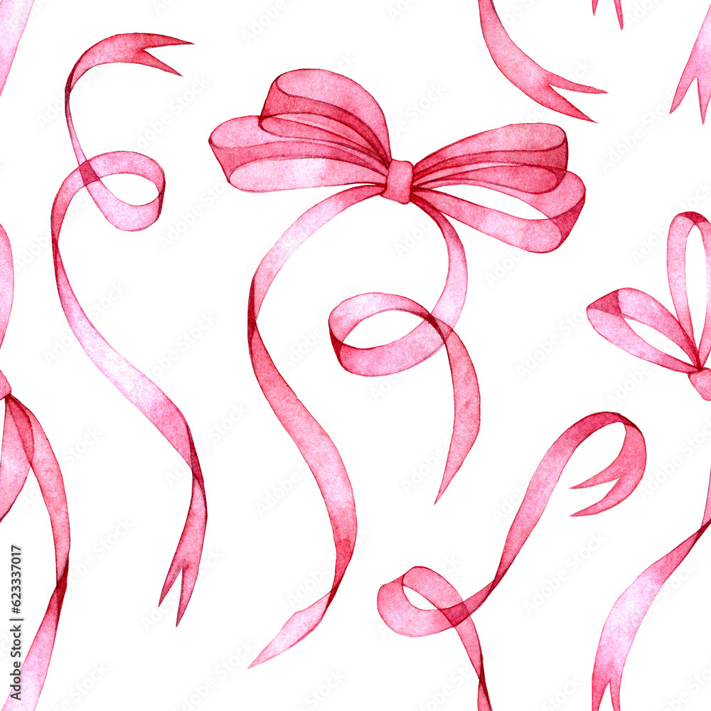 Wall mural watercolor seamless pattern with transparent pink ribbons and bows. holiday print on white backgroun