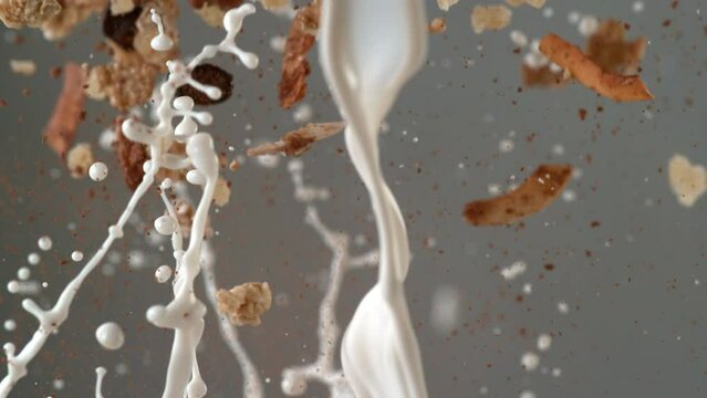 cereal and milk pouring in slow motoin