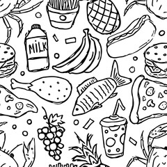 Seamless food pattern. Doodle food background