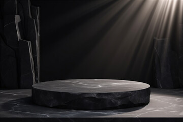 Obraz premium Black stone podium with sun shadow for product display in Rock shape background. Generative AI