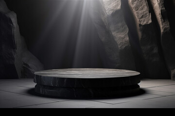 Black stone podium with sun shadow for product display in Rock shape background. Generative AI