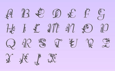 Botanical and floral alphabet. Elegant capital lettering. Font with leaves and flowers: silhouette, flat graphics, line art.